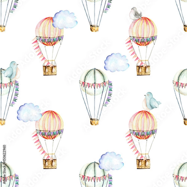 Fototapeta Seamless pattern with watercolor festive air balloons, clouds and cute birds, hand drawn isolated on a white background