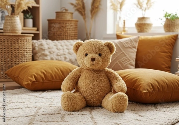 Obraz Cozy teddy bear on a soft rug with decorative pillows and natural textures in a warm and inviting indoor environment for children's decor