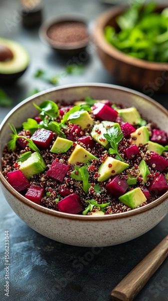 Fototapeta Healthy quinoa salad with vibrant beets and creamy avocado served in a bowl, placed on a white surface with a blurred background and caption space on the side, highlighting freshness and clean eating.