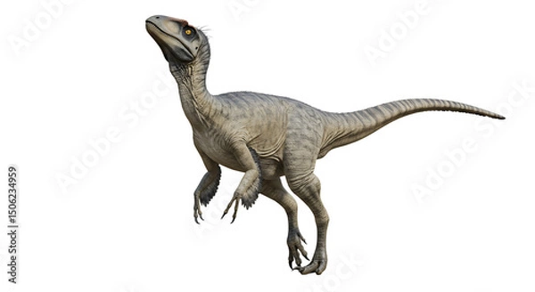 Fototapeta Alert Velociraptor with Striped Tail and Sharp Claws Looking Upward