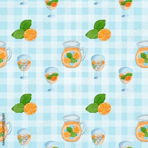 Obraz Seamless pattern with summer picnic and Orange Juice on pastel Blue