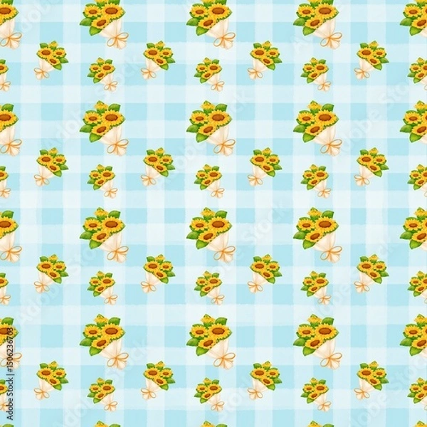 Obraz Seamless pattern with summer picnic and Sunflower Bouquet on pastel Blue