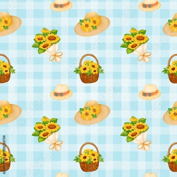 Obraz Seamless pattern with summer picnic and Straw Hat on pastel Blue