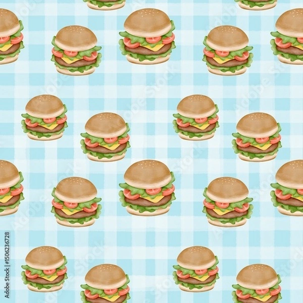 Obraz Seamless pattern with summer picnic and  Burger on pastel Blue