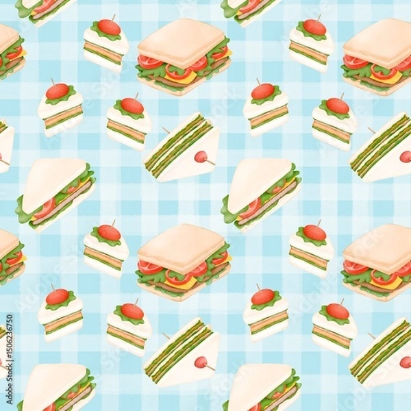 Obraz Seamless pattern with summer picnic and Sandwich on pastel Blue