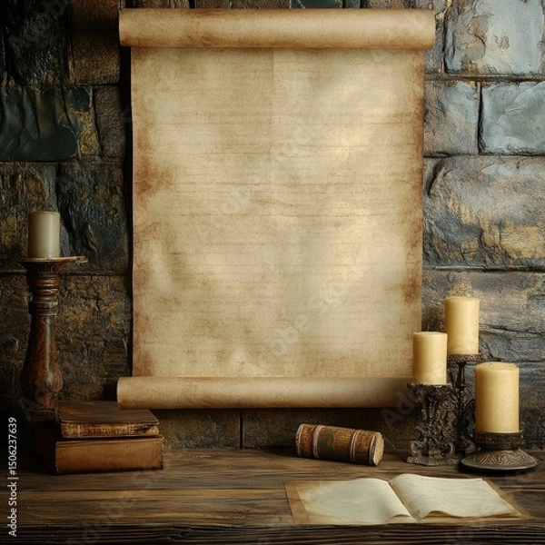 Fototapeta Aged parchment scroll on stone wall
