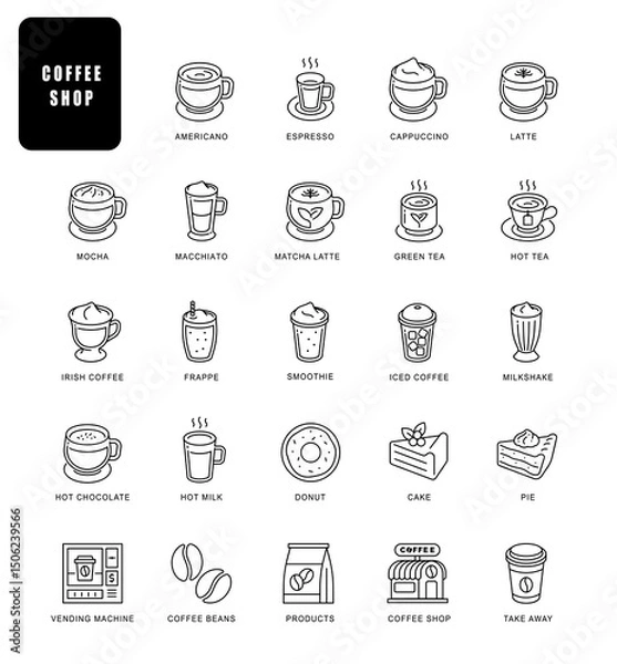 Obraz Set of coffee icons. Contains such Icons as espresso, cappuccino, latte, tea, milkshake, pie, cake and more.
