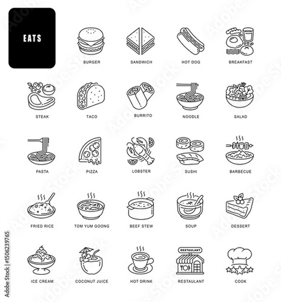 Obraz Set of food related vector line icons. Contains such Icons as burger, hot dog, pasta, taco, sushi, ice cream and more.