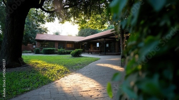 Fototapeta Lush Greenery Surrounding a Peaceful Building on a Sunny Day