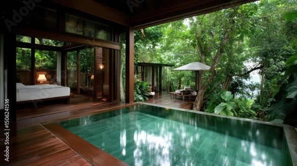 Fototapeta Luxury Villa with Pool and Rainforest View