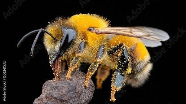 Fototapeta Macro shot of a fuzzy bee covered in yellow pollen against black