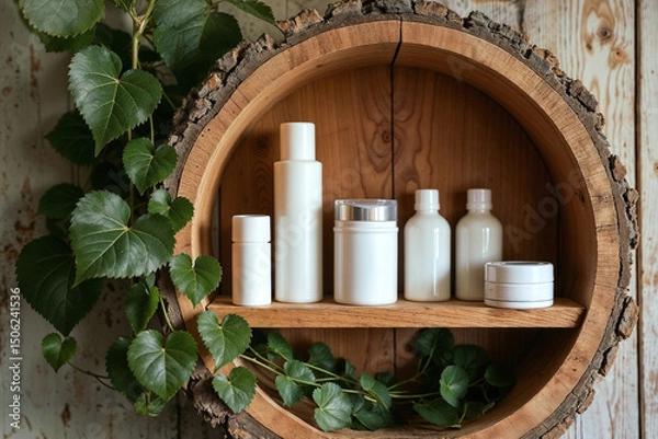 Fototapeta Rustic display of natural skincare products on a circular wooden shelf with ivy