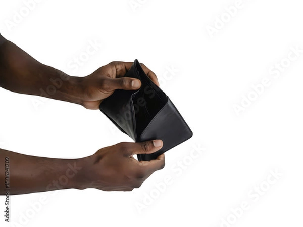 Obraz A Black male holding an empty wallet, symbolizing financial struggles and reality.