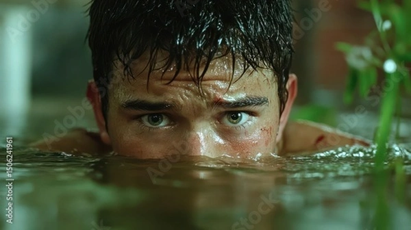 Fototapeta Man Emerging from Water with Scars