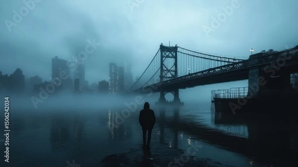 Fototapeta Man in Foggy Cityscape with Bridge