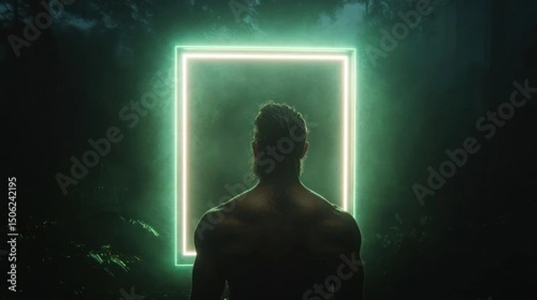 Fototapeta Man standing before a glowing portal in a dark forest.