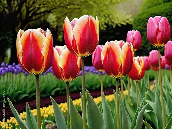 Obraz Simple and beautiful shot of colorful tulips blooming in a garden.