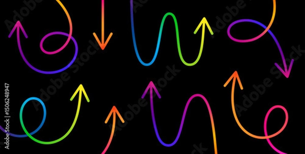 Fototapeta Vector Curve Line Arrows. Swirl Gradient Abstract Pointers Design. Hand Drawn Color Arrows