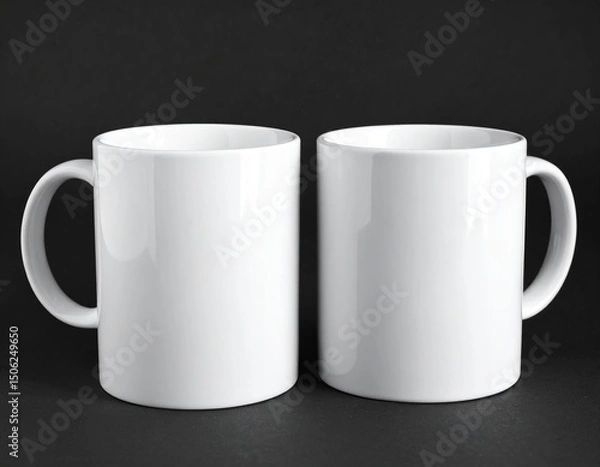 Fototapeta Pair of Empty White Ceramic Mugs on a Black Background Showcasing Minimalist Design