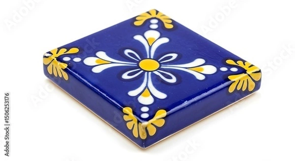 Obraz A single, vibrant Talavera-style ceramic tile, featuring a classic hand-painted floral or star-like motif in bright yellow and crisp white against a rich, glossy cobalt blue background.