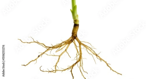Obraz A detailed close-up of an exposed plant root system, featuring a network of fibrous lateral roots extending from a thicker main root, with a portion of the green stem visible at the top.