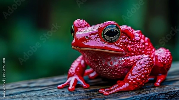 Fototapeta bright red frog with textured skin sitting on wooden surface in macro closeup with green background

