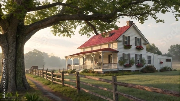 Fototapeta A farmhouse with a red roof and a large tree in the foreground