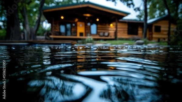 Fototapeta Reflection of a cozy cabin in rippling water.
