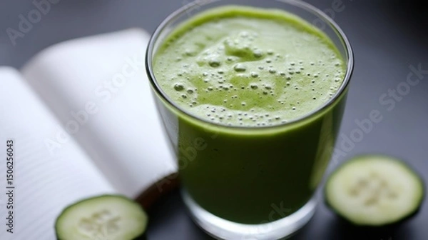 Fototapeta Refreshing Green Smoothie with Cucumber Slices