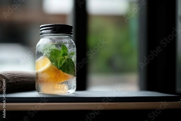 Fototapeta Refreshing lemon and mint infused water in a jar.