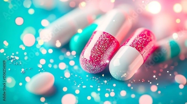 Fototapeta colorful pink and white capsules with glitter on turquoise background in closeup with sparkling bokeh

