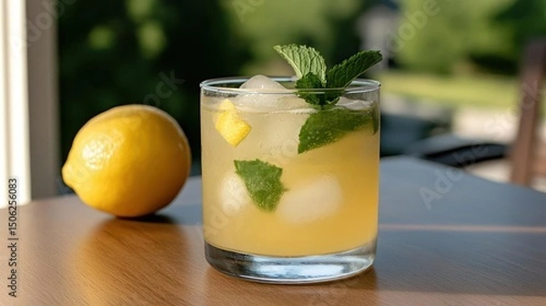 Fototapeta Refreshing Lemonade with Mint and Ice on Table