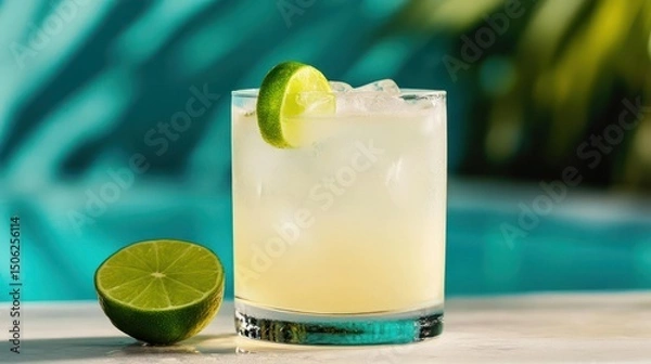 Fototapeta Refreshing Lime Cocktail with Ice on Sunny Day