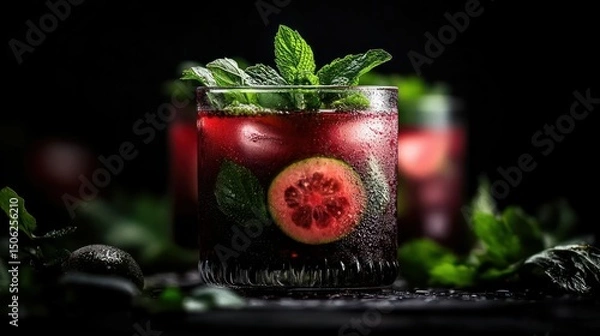 Fototapeta Refreshing Red Cocktail with Guava and Mint