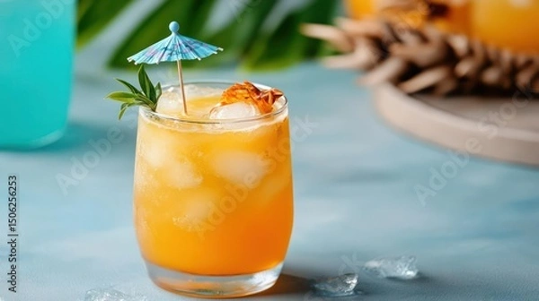 Fototapeta Refreshing Tropical Cocktail with Umbrella and Ice