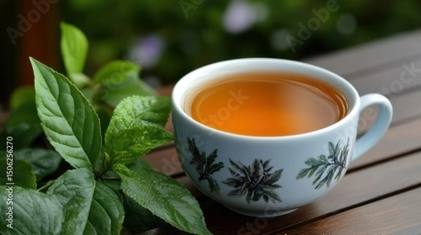 Fototapeta Relaxing Cup of Tea with Fresh Green Leaves