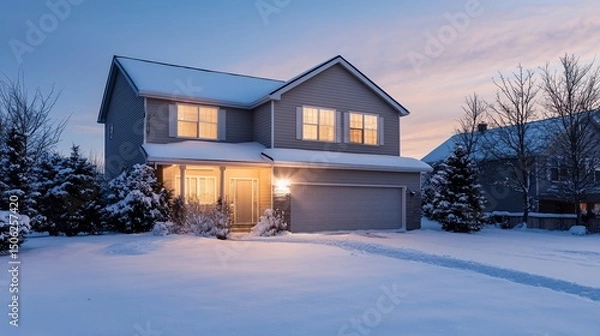 Obraz Inviting Suburban Home Bathed in the Warm Glow of Winter Evening Twilight
