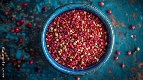 Fototapeta bowl of colorful peppercorns on rustic blue background with red and green spices in top view

