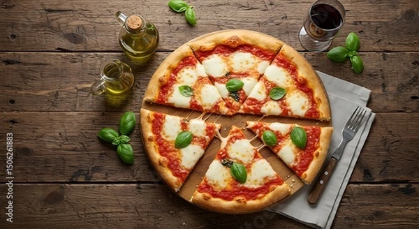Obraz Top view of a sliced Margherita pizza served with olive oil and a glass of red wine on a rustic table