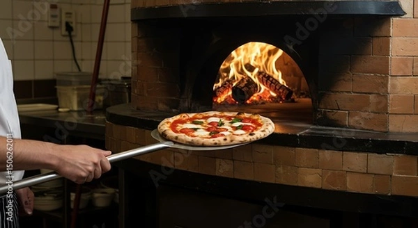 Obraz Chef pulling a Margherita pizza out of a traditional wood-fired oven, flames visible in the background