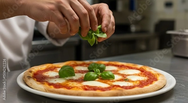 Obraz Italian-style Margherita pizza being garnished with fresh basil by hand, kitchen background blurred