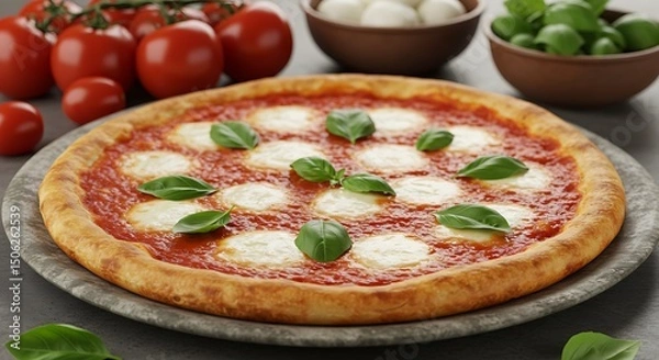 Obraz Margherita pizza served on a stone plate with ingredients like tomatoes, basil, and mozzarella nearby