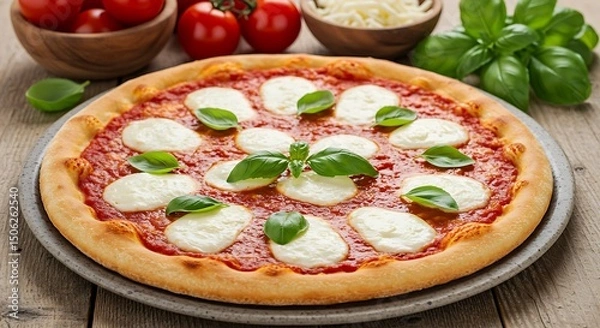 Obraz Margherita pizza served on a stone plate with ingredients like tomatoes, basil, and mozzarella nearby