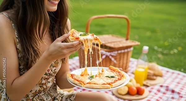 Obraz A person holding a slice of Margherita pizza with gooey cheese stretching, outdoor picnic setting