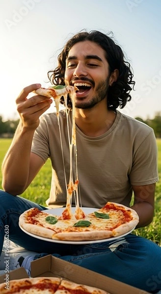 Obraz A person holding a slice of Margherita pizza with gooey cheese stretching, outdoor picnic setting