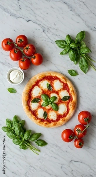 Obraz Minimalist flat lay of a Margherita pizza surrounded by fresh ingredients on a marble countertop