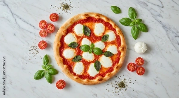 Obraz Minimalist flat lay of a Margherita pizza surrounded by fresh ingredients on a marble countertop