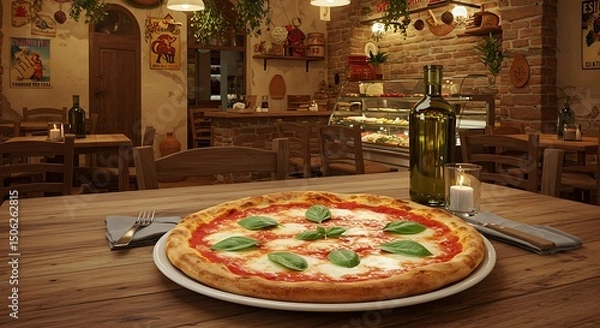 Obraz Traditional Italian pizzeria with a Margherita pizza on the table and a cozy Mediterranean ambiance