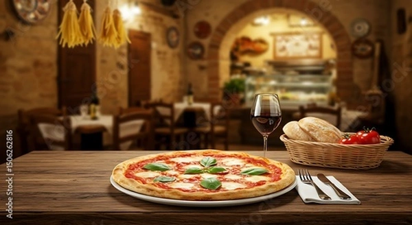 Obraz Traditional Italian pizzeria with a Margherita pizza on the table and a cozy Mediterranean ambiance