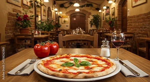 Obraz Traditional Italian pizzeria with a Margherita pizza on the table and a cozy Mediterranean ambiance